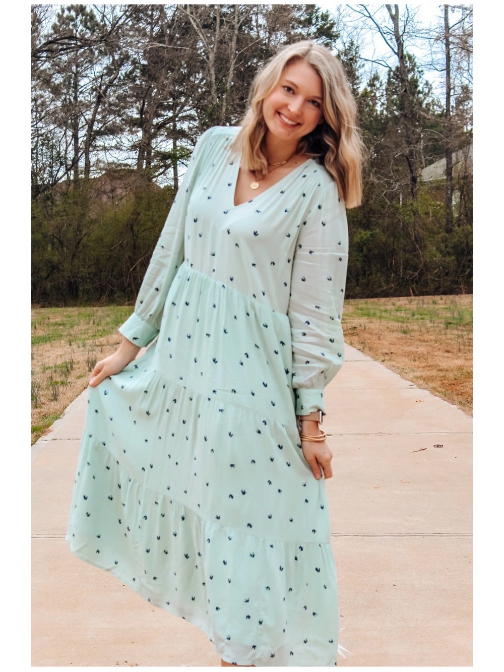 A new day mint green long sleeve v neck maxi dress, Large